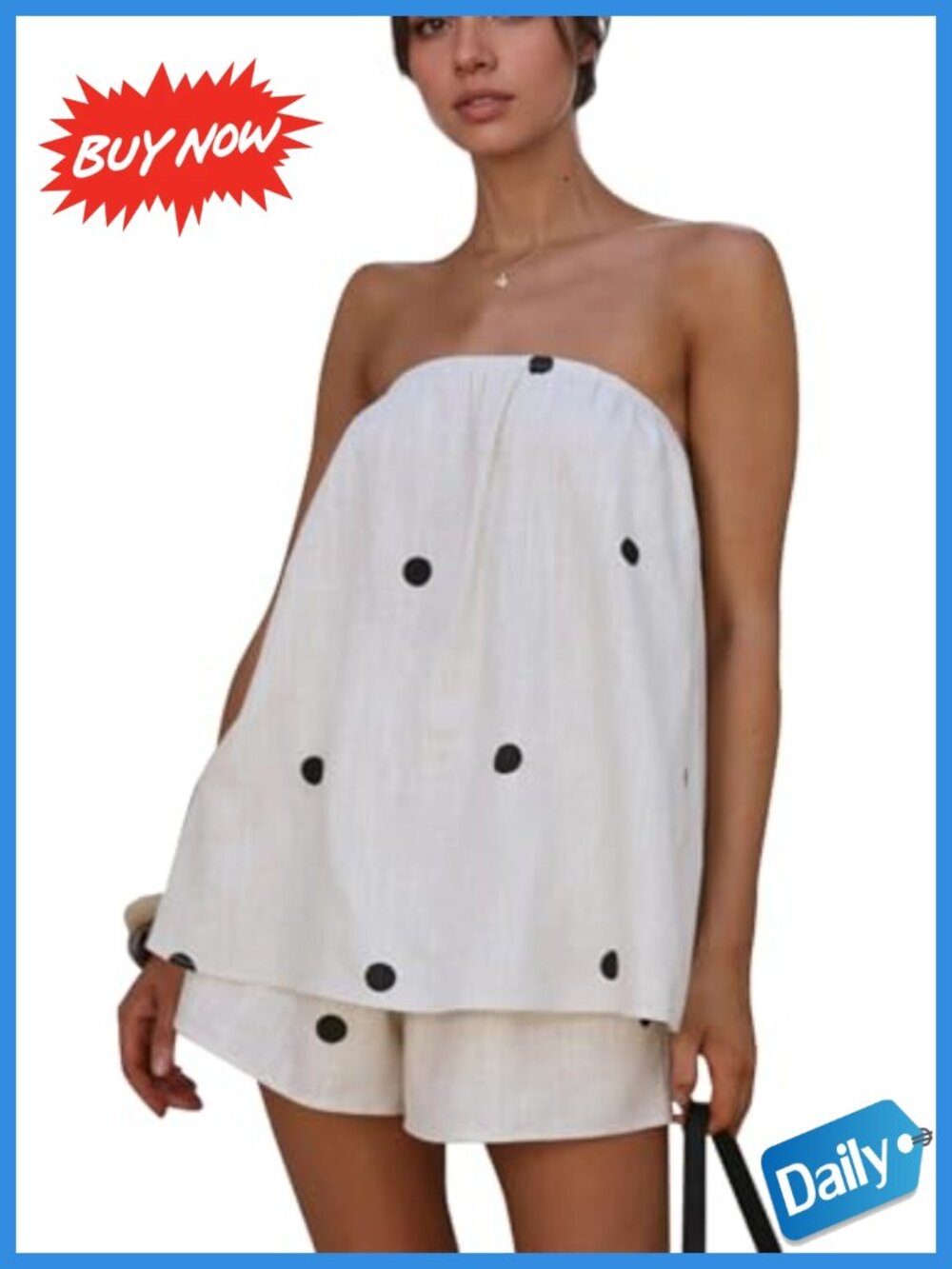 Women Polka Dot Two Piece Shorts Set Strapless Tube Top Cotton Blend Lounge
